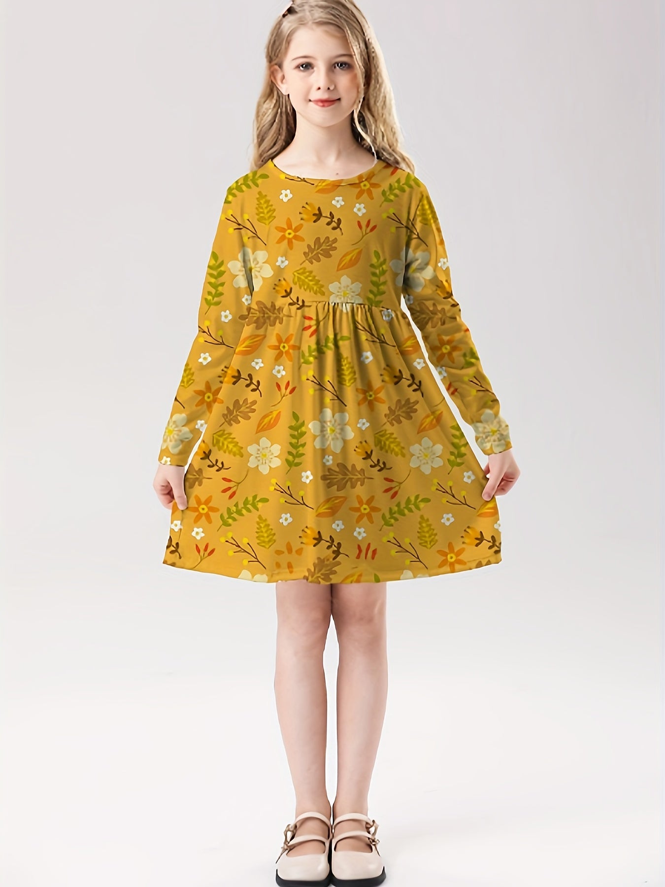 Girls Floral Long Sleeve Dress for Spring Fall