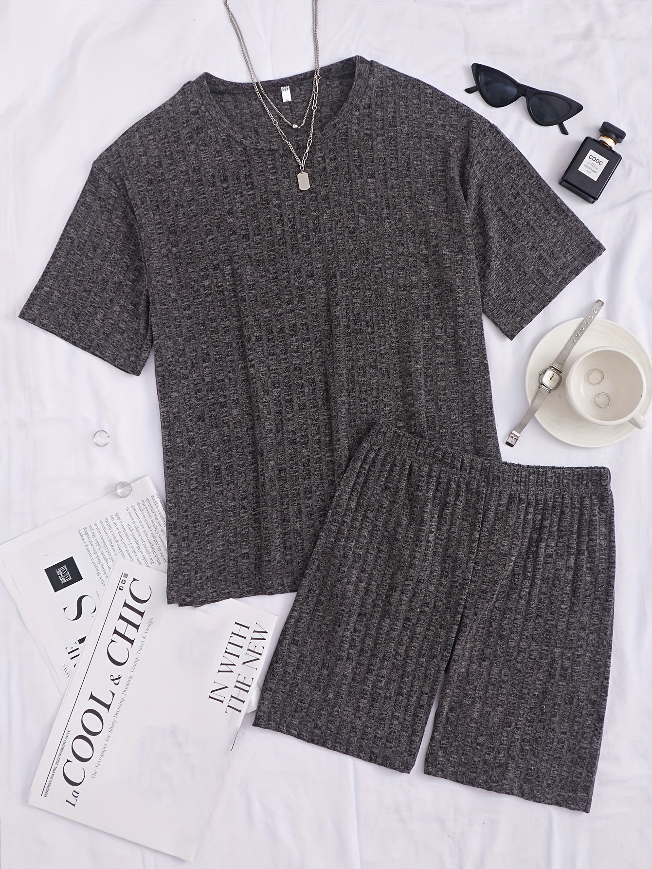 Ribbed Lounge Set Short Sleeve Top & Shorts Women's Loungewear