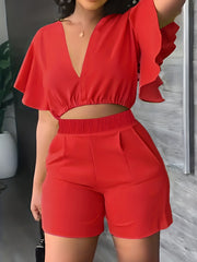 Solid Flutter Sleeve V Neck Crop Top & Shorts Set