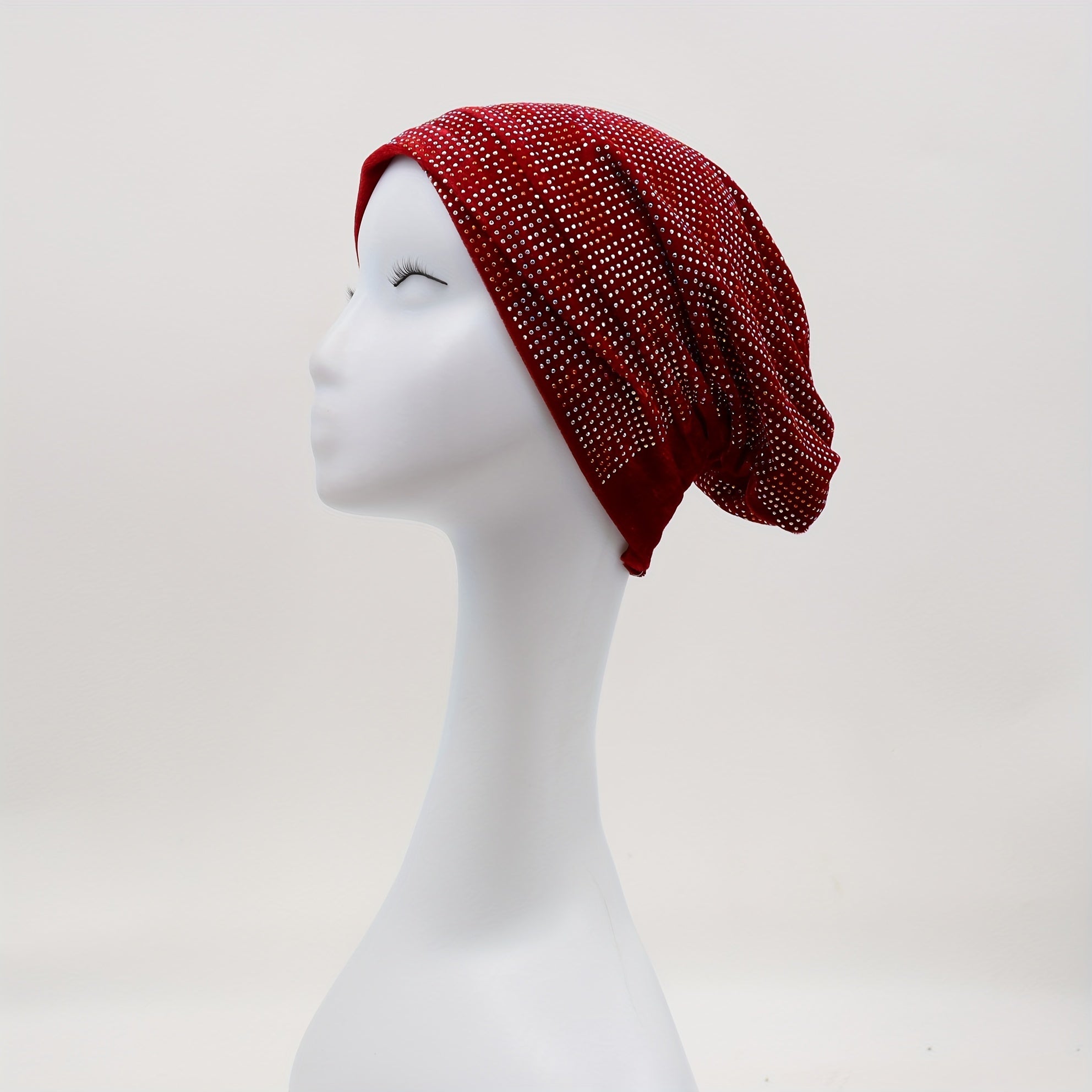 Rhinestone Velvet Turban Cap Slouchy Beanie Head Wrap Lightweight Bonnet