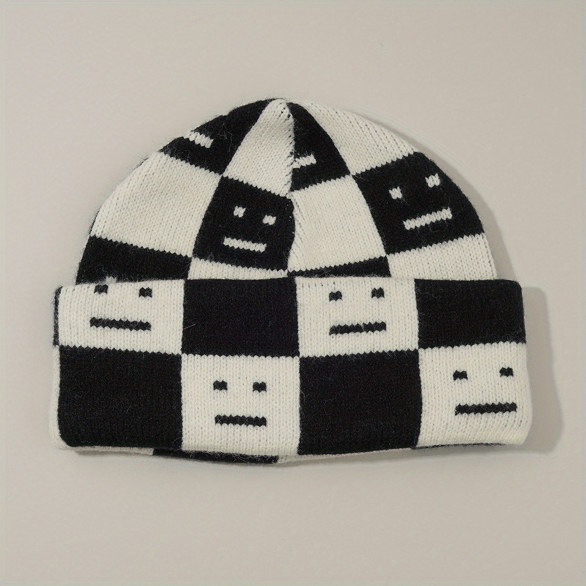 Checkerboard Smiling Beanie Jacquard Wool Knit Hat Unisex Couple Skull Cap