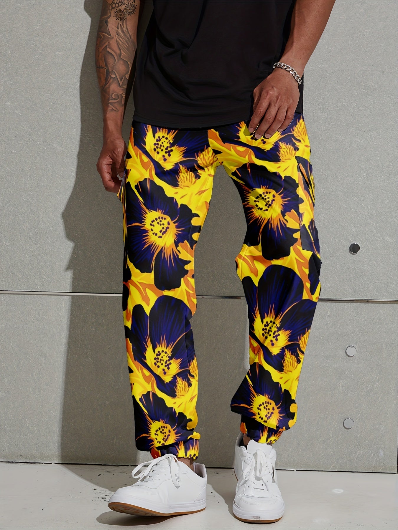 Flower Print Men's Cargo Jogger Pants