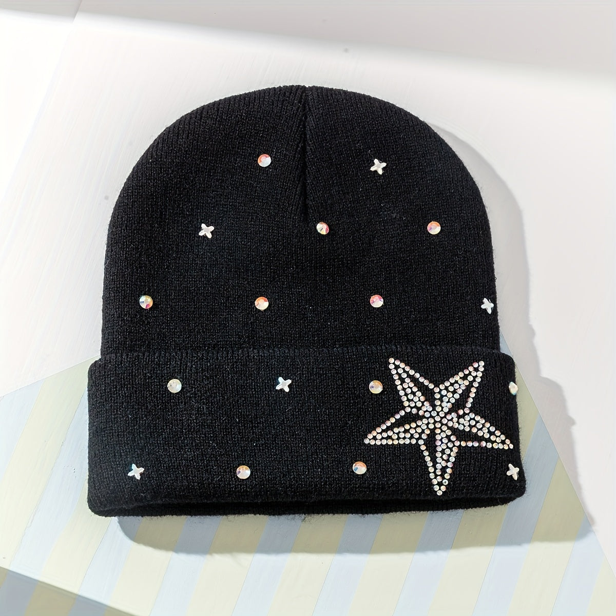 Rhinestone Star Beanie Casual Knit Hat Warm Skull Cap