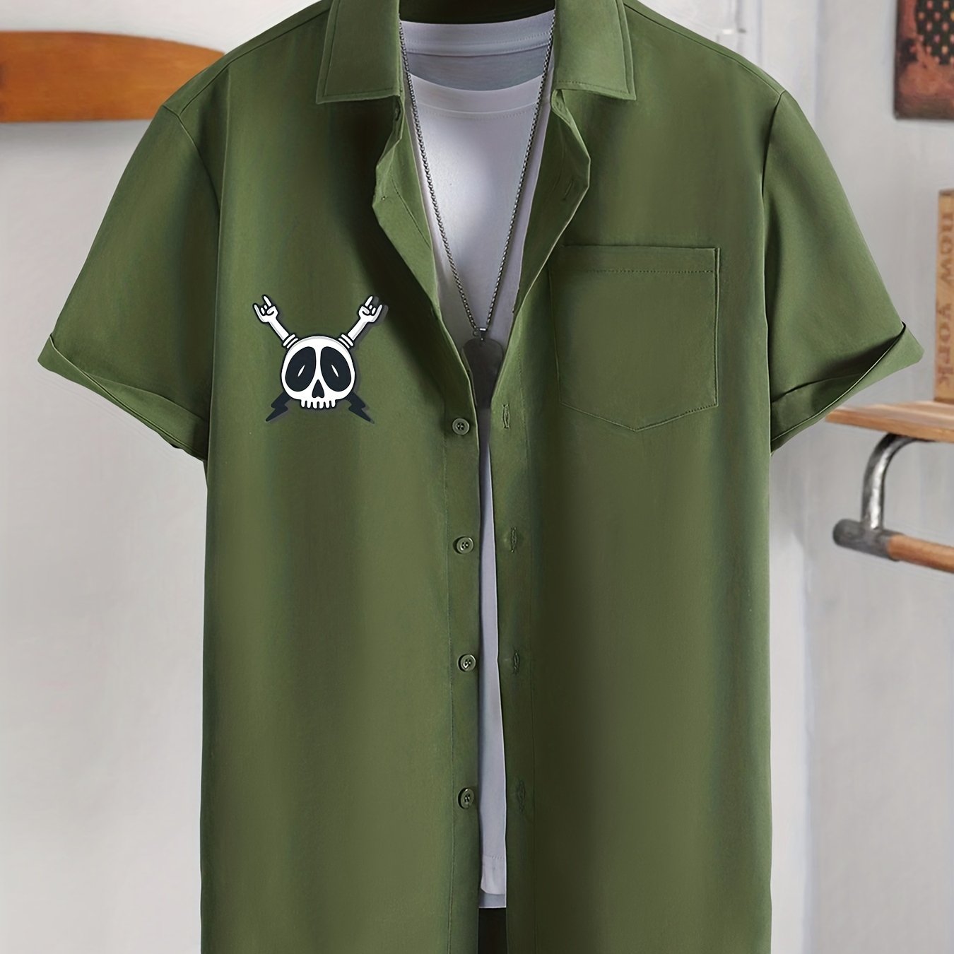 Skull Hot Dog & Letter Graphic Print Men's Casual Lapel Shirt