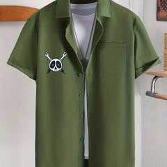 Skull Hot Dog & Letter Graphic Print Men's Casual Lapel Shirt
