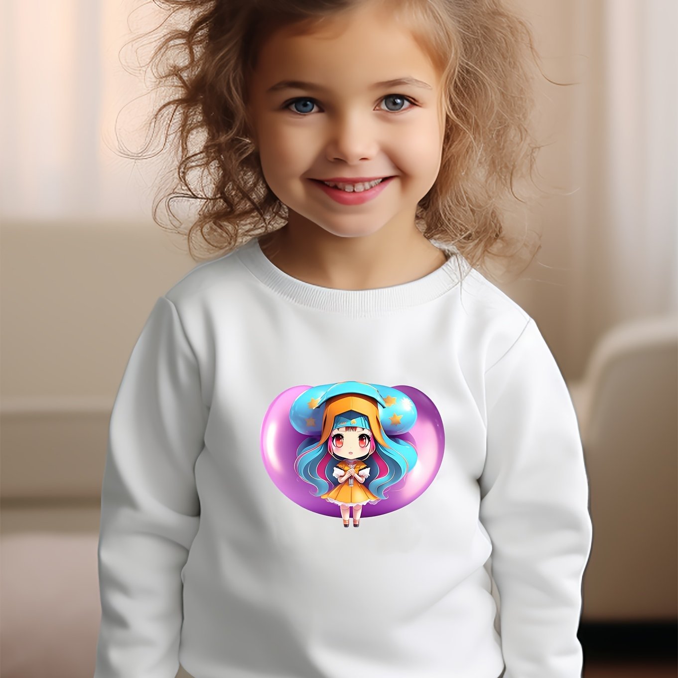 Cartoon Girl Print Long Sleeve Sweatshirt for Girls Boys