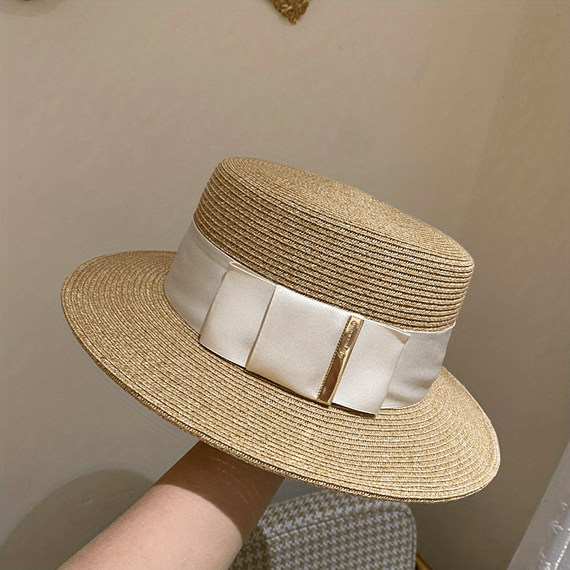 British Style Straw Sun Hat Flat Brim Jazz Fedora Cap Ribbon Bowknot Decor