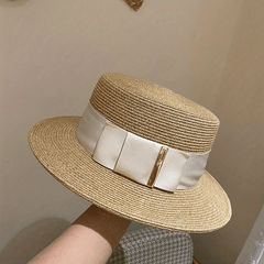 British Style Straw Sun Hat Flat Brim Jazz Fedora Cap Ribbon Bowknot Decor