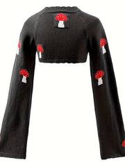 Mushroom Pattern Crew Neck Sweater Casual Long Sleeve Crop Sweater