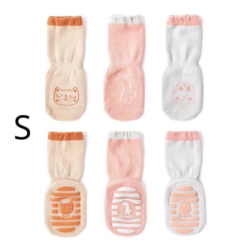 3 Pairs Baby Girl's Non Slip Socks Animal Pattern Cotton Blend Bottom