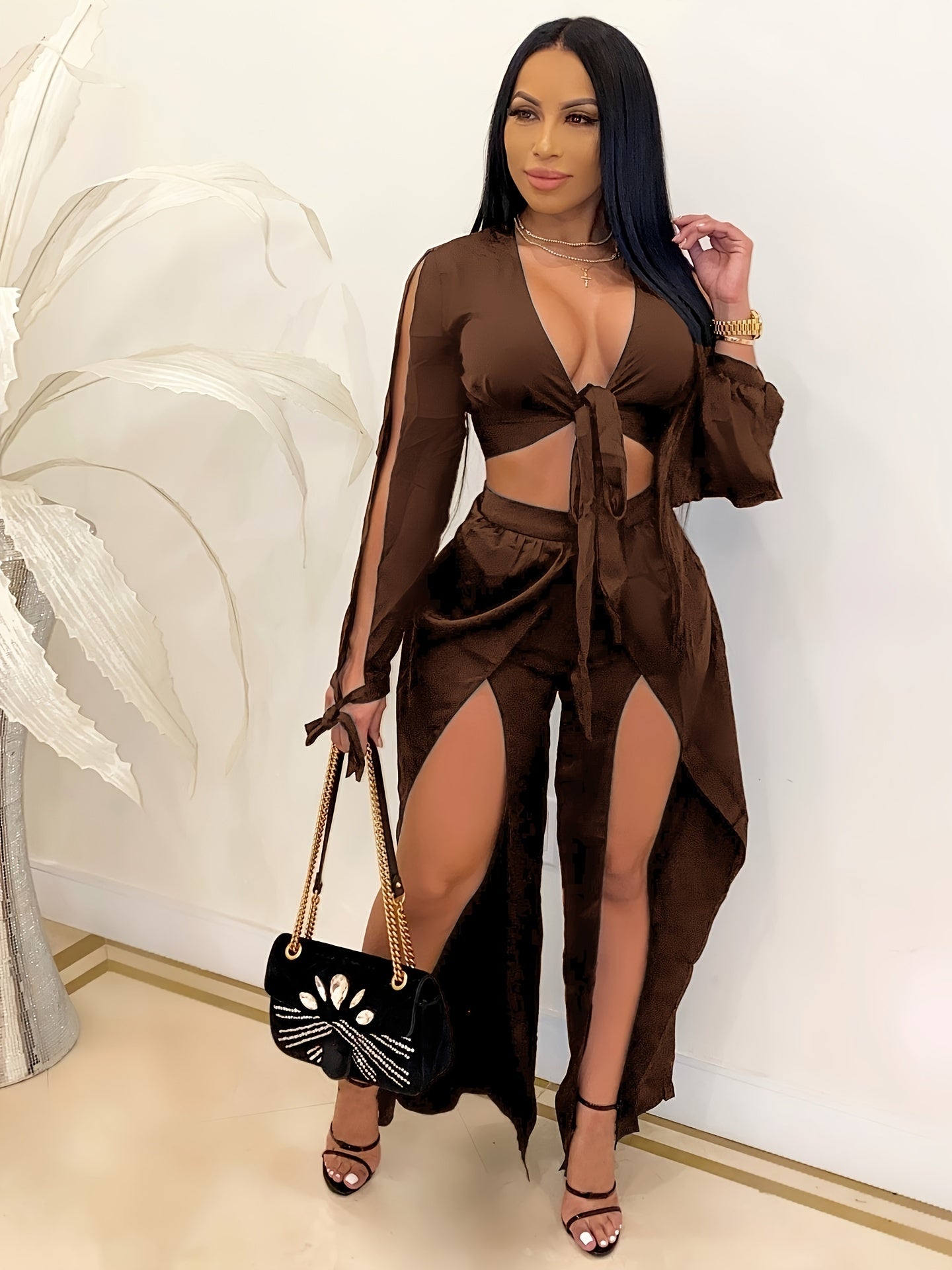 Women's Solid Two piece Set Deep V Neck Long Sleeve Crop Top & Split Pants