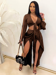 Women's Solid Two piece Set Deep V Neck Long Sleeve Crop Top & Split Pants