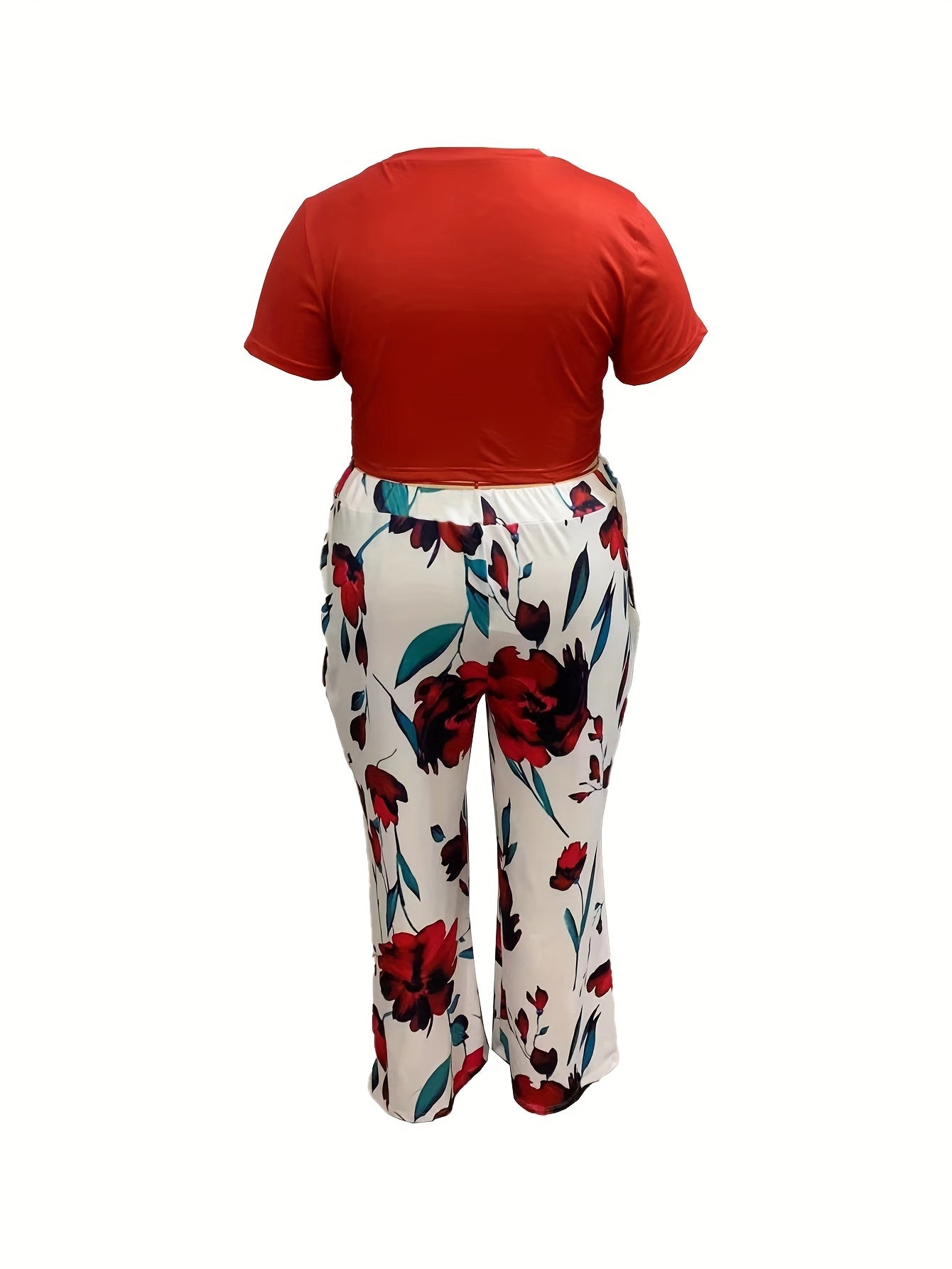 Solid Crop Top & Floral Wide Leg Pants 2 Piece Set
