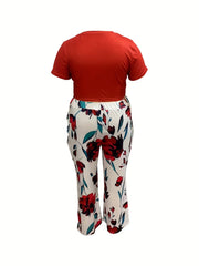 Solid Crop Top & Floral Wide Leg Pants 2 Piece Set