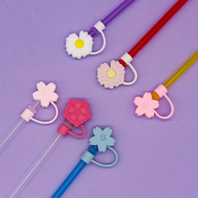 6pcs Reusable Silicone Straw Tips Cover for Party Favor Bags - Flower Design