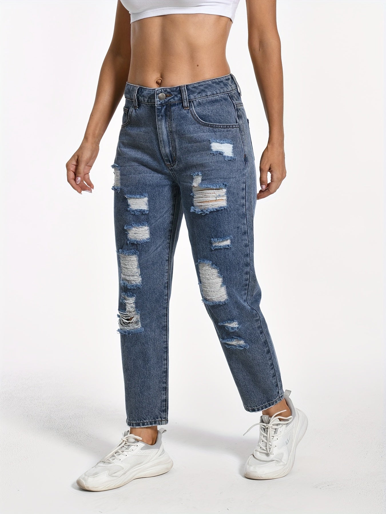 Ripped Distresses Straight Leg Jeans Slash Pocket Street Style Denim Pants