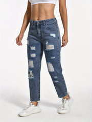 Ripped Distresses Straight Leg Jeans Slash Pocket Street Style Denim Pants