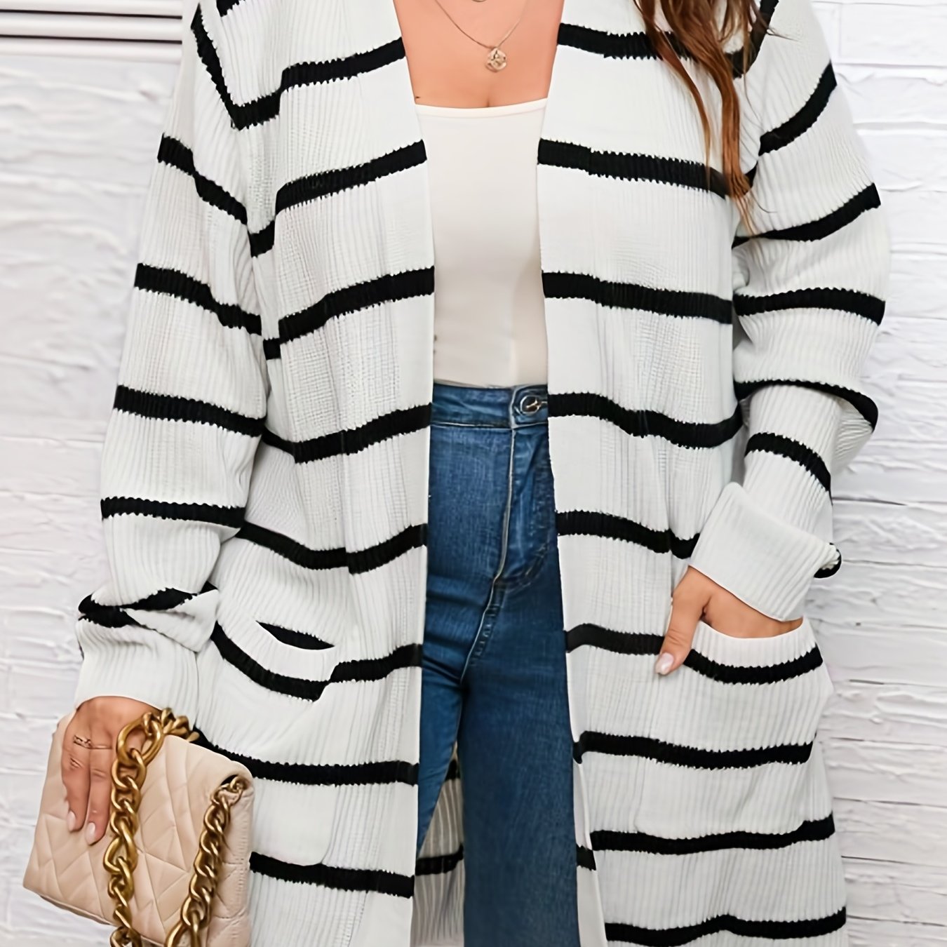 Stripe Print Open Front Cardigan With Pockets