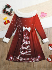Girls Bow Christmas Tree Graphic Long Sleeve Dress