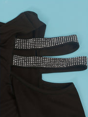 Rhinestone Zipper Neck T Shirt & Ripped Shorts Set