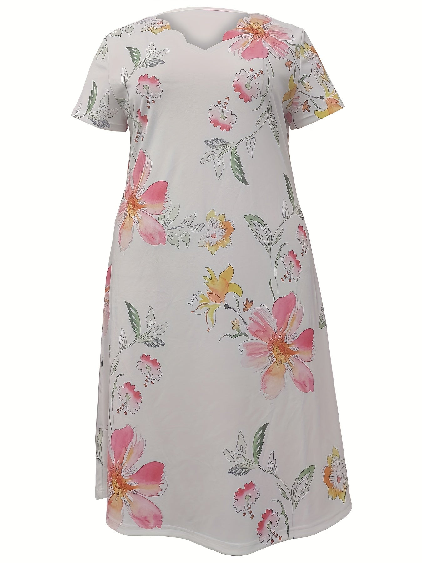 Boho Dress Women's Plus Floral Print Short Sleeve V Neck Scallop
