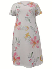 Boho Dress Women's Plus Floral Print Short Sleeve V Neck Scallop