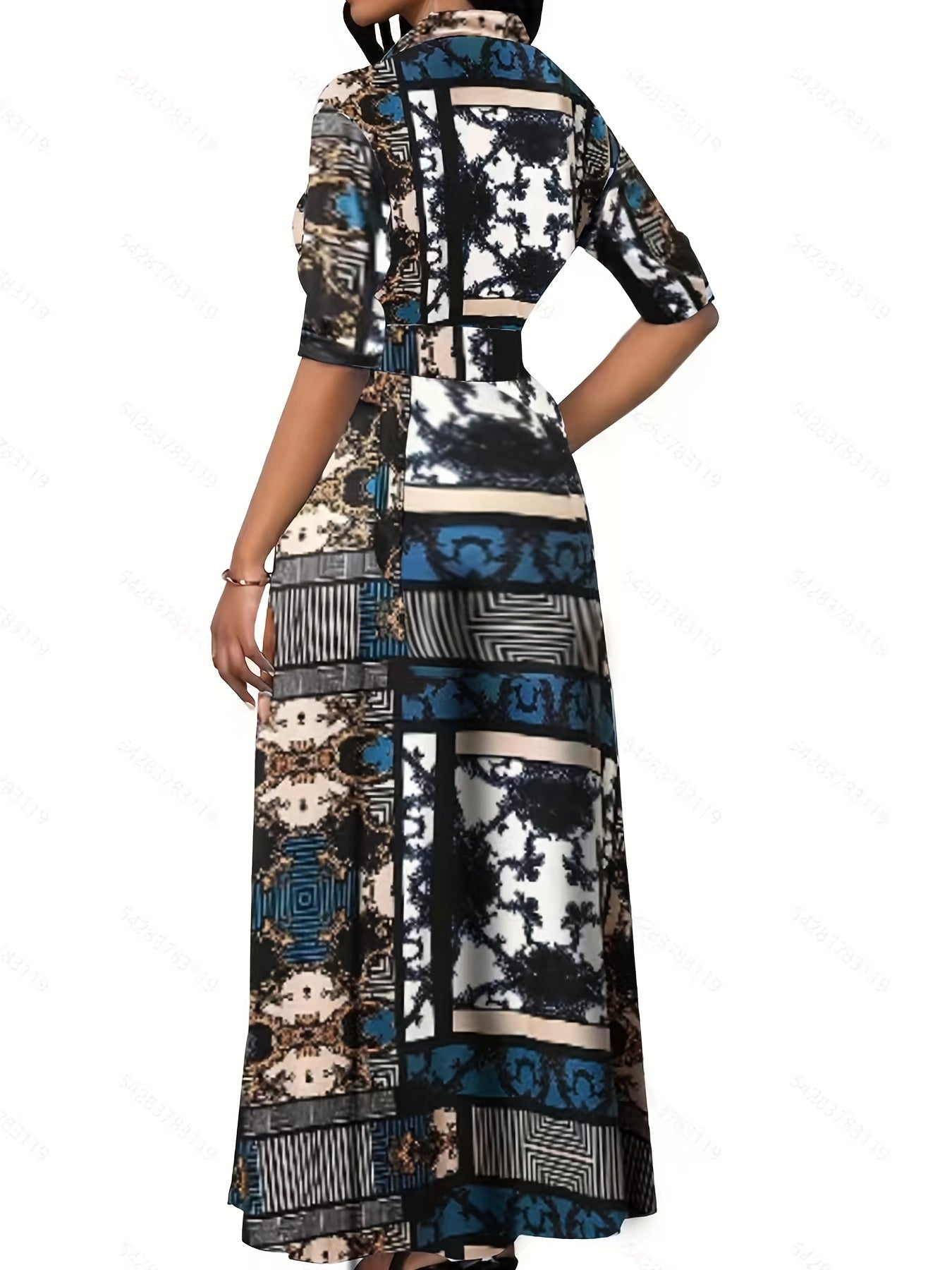 Geometric Print Button Up Maxi Shirt Dress