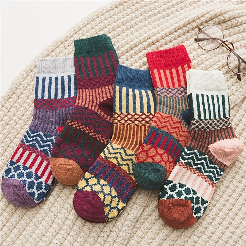 5 Pairs Geometric Pattern Colorblock Socks Women's Stockings