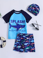 Boys Cartoon Shark & Dinosaur Swim Suit Set with Trunks, Tops & Cap