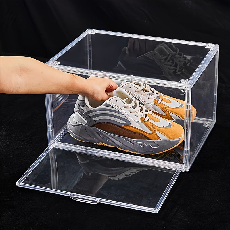 2pcs Dustproof Shoe Storage Box Plastic Foldable Stackable Shoe Cabinet Organize