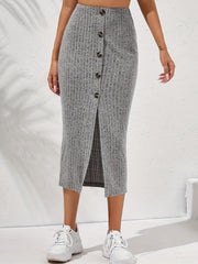 Ribbed Button Front High Waist Midi Skirt