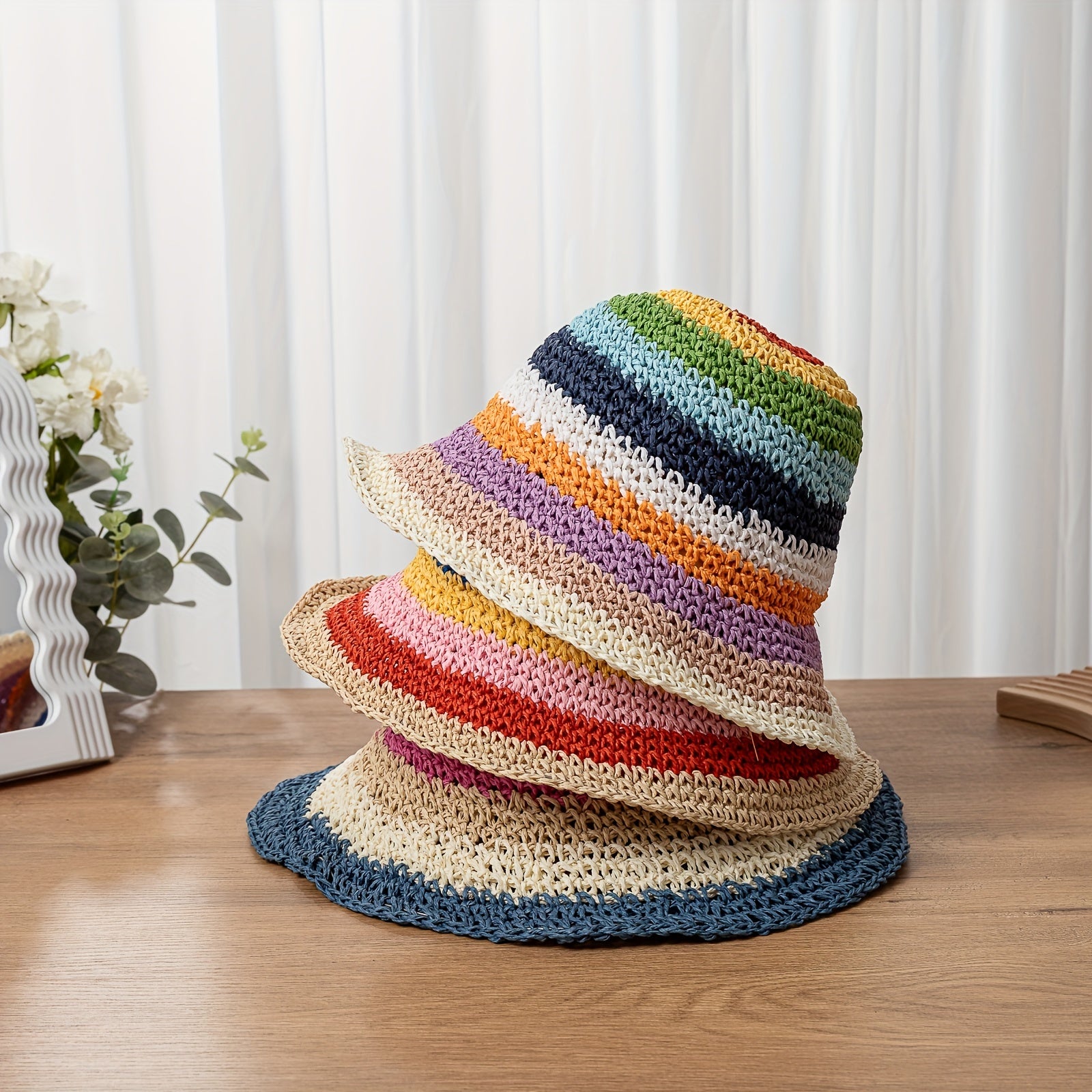 Rainbow Striped Sun Hat Boho Crochet Straw Cloche Hat LGBT Pride Bucket Hat