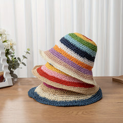 Rainbow Striped Sun Hat Boho Crochet Straw Cloche Hat LGBT Pride Bucket Hat