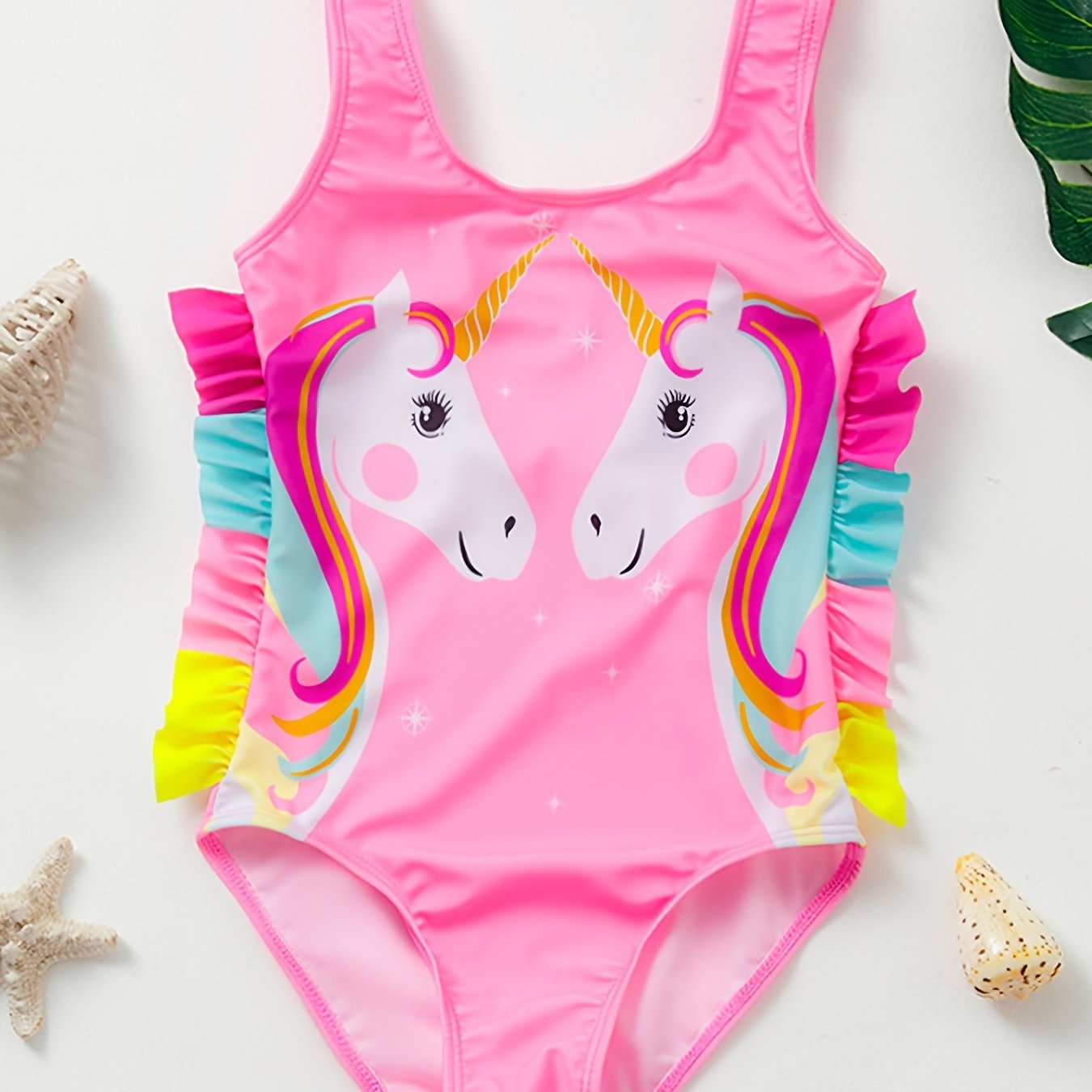 Girls Pink Unicorn One Piece Swimsuit Ruffles Patchwork Beach Bathing Suit