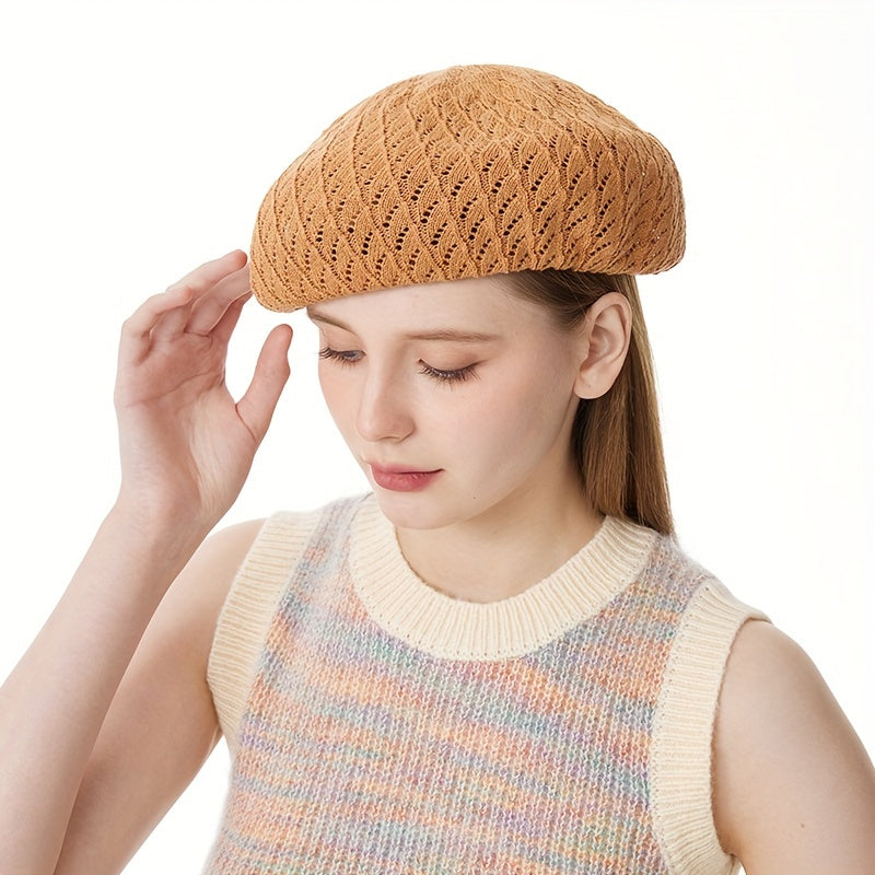 Brown Hollow Out Beret Classic Solid Beanie Lightweight Painter Cap Vintage