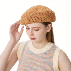 Brown Hollow Out Beret Classic Solid Beanie Lightweight Painter Cap Vintage