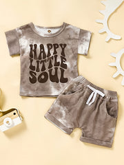 Boys Sunshine Print Casual Outfit Round Neck T shirt & Shorts Set