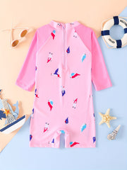 Toddler Girls Parrot Graphic Long Sleeve Round Neck One Piece Swimsuit
