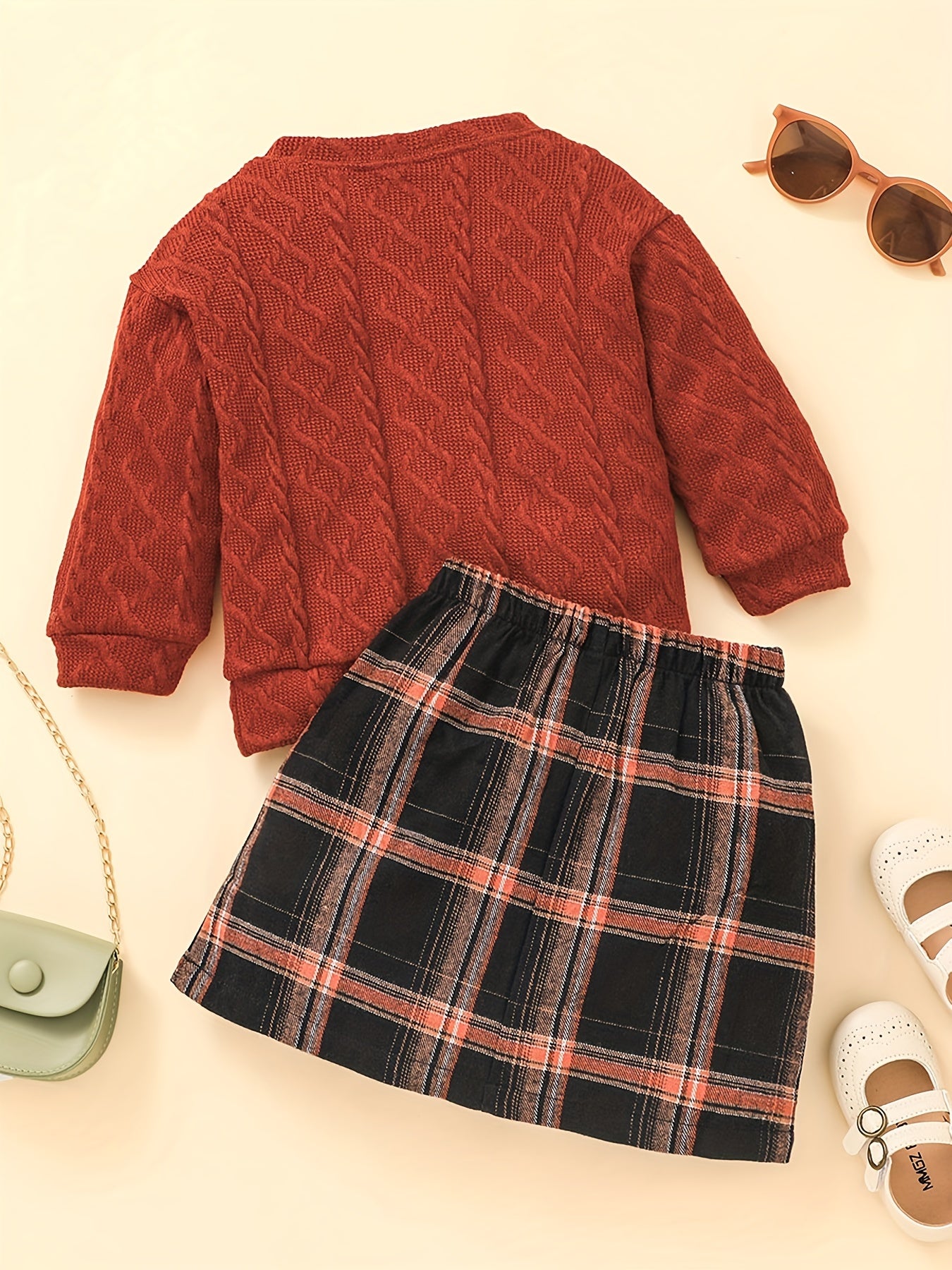 Girl's Knitted Jacquard Sweatshirt & Plaid Skirt Set for Spring Autumn