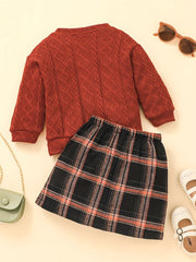 Girl's Knitted Jacquard Sweatshirt & Plaid Skirt Set for Spring Autumn