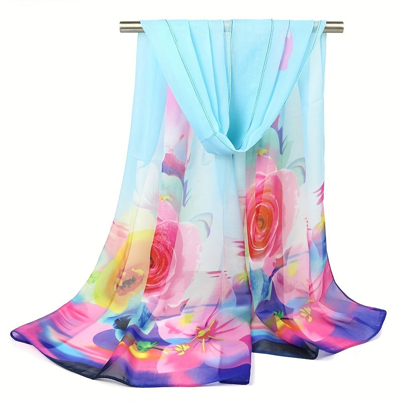 Rose Printed Chiffon Silky Scarf Long Shawl Beach Scarf