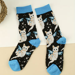 3 Pairs Cartoon Cat Print Socks Comfy & Mid Tube Socks Women's Stockings