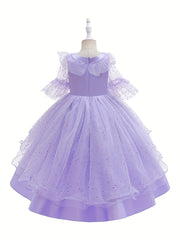Girls Princess Lace Sleeve Dress Tulle Flowers Embroidery Halloween Costume