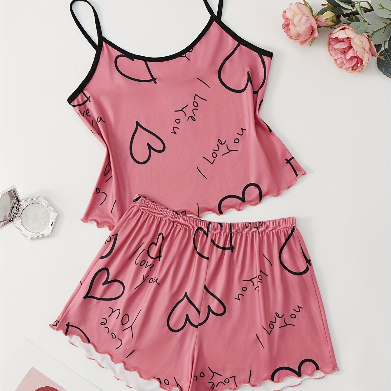 Women's Heart Print Pajama Set & Cozy Shorts