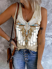 Ethnic Print Tank Top Vintage V Neck Sleeveless Summer Tank Top