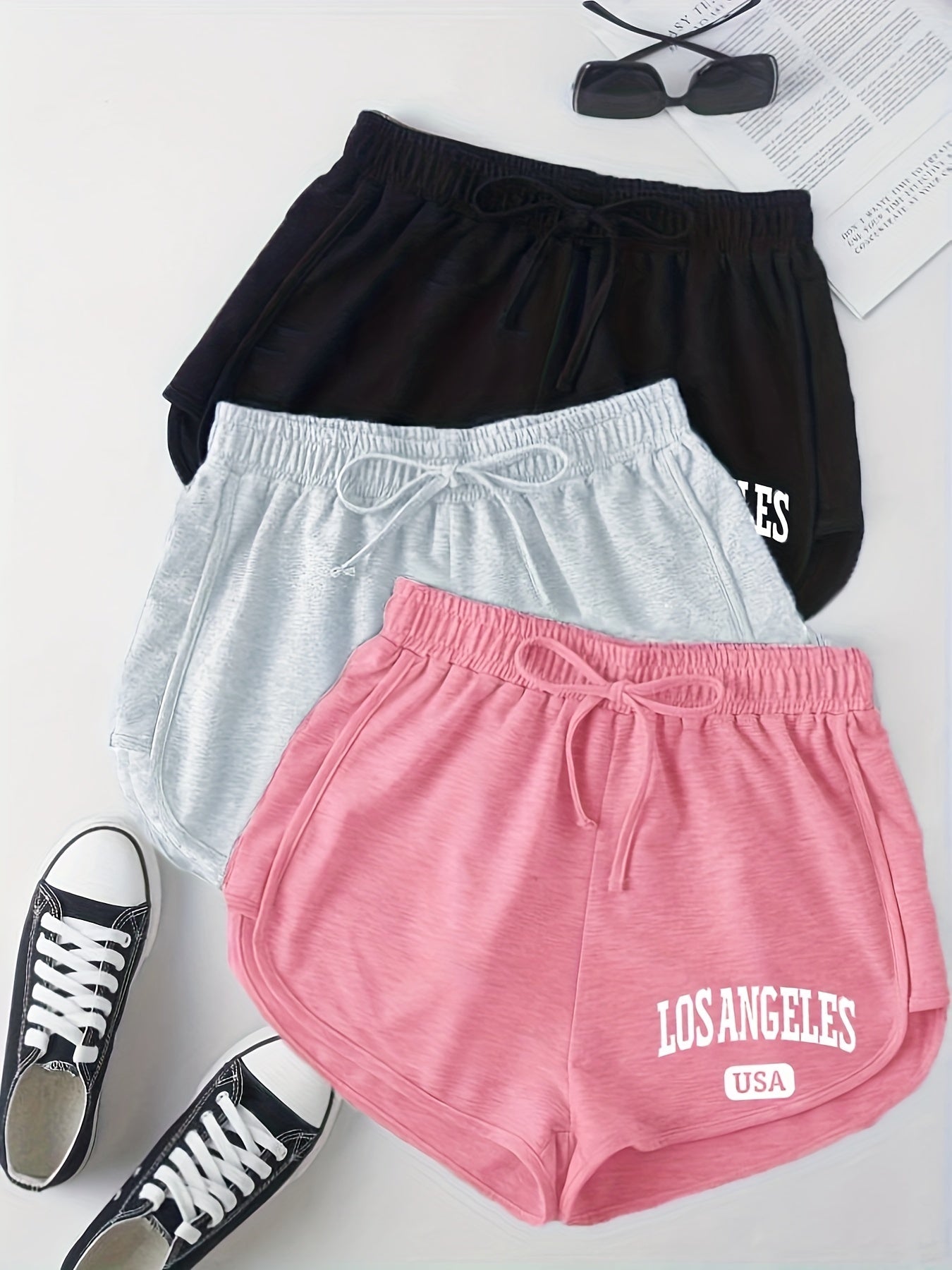 3 Pack Letter Print Drawstring Shorts for Women