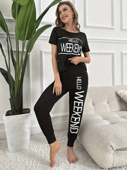 Letter Print Pajama Set Short Sleeve Crew Neck Top & Elastic Waistband Pants