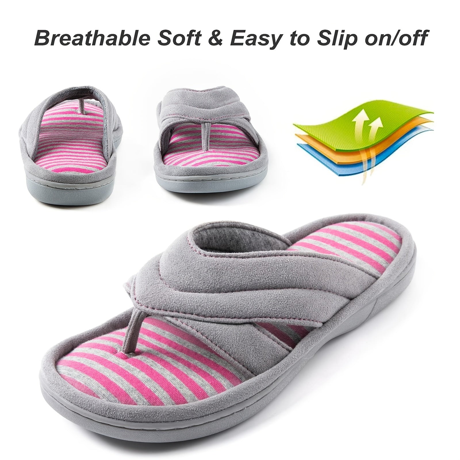 Women's Stripe Flat Flip Flops Open Toe Slippers Memory Foam Non-slip Shoes
