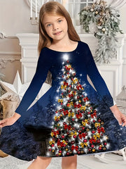 Girls 3D Snow Print Christmas Tree Dress