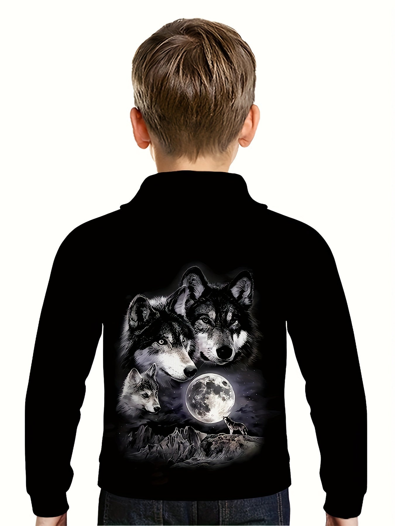 Moon & Wolves 3D Print Hoodie Kids Hip Hop Street Sports Casual Tops
